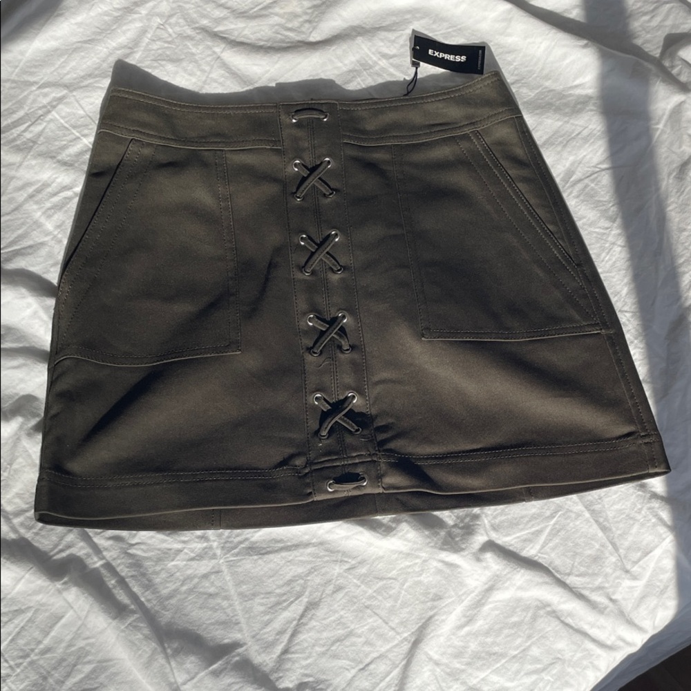 Express Olive Lace-Up Front Mini Skirt
